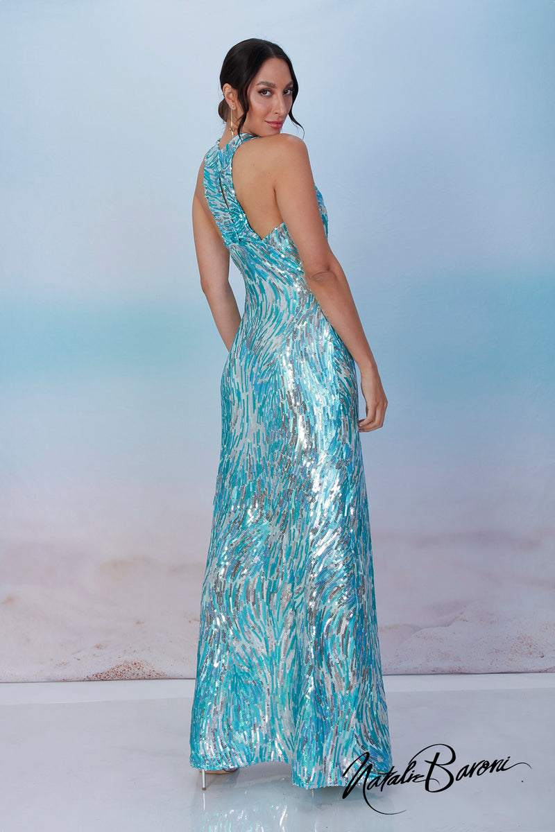 Ocean Blue Sequin Evening Gown - La Scala
