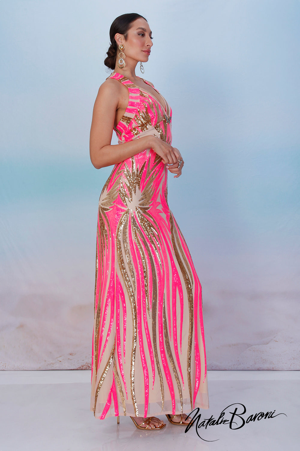 Pink and Gold Sequin Evening Gown - La Scala  Baroni