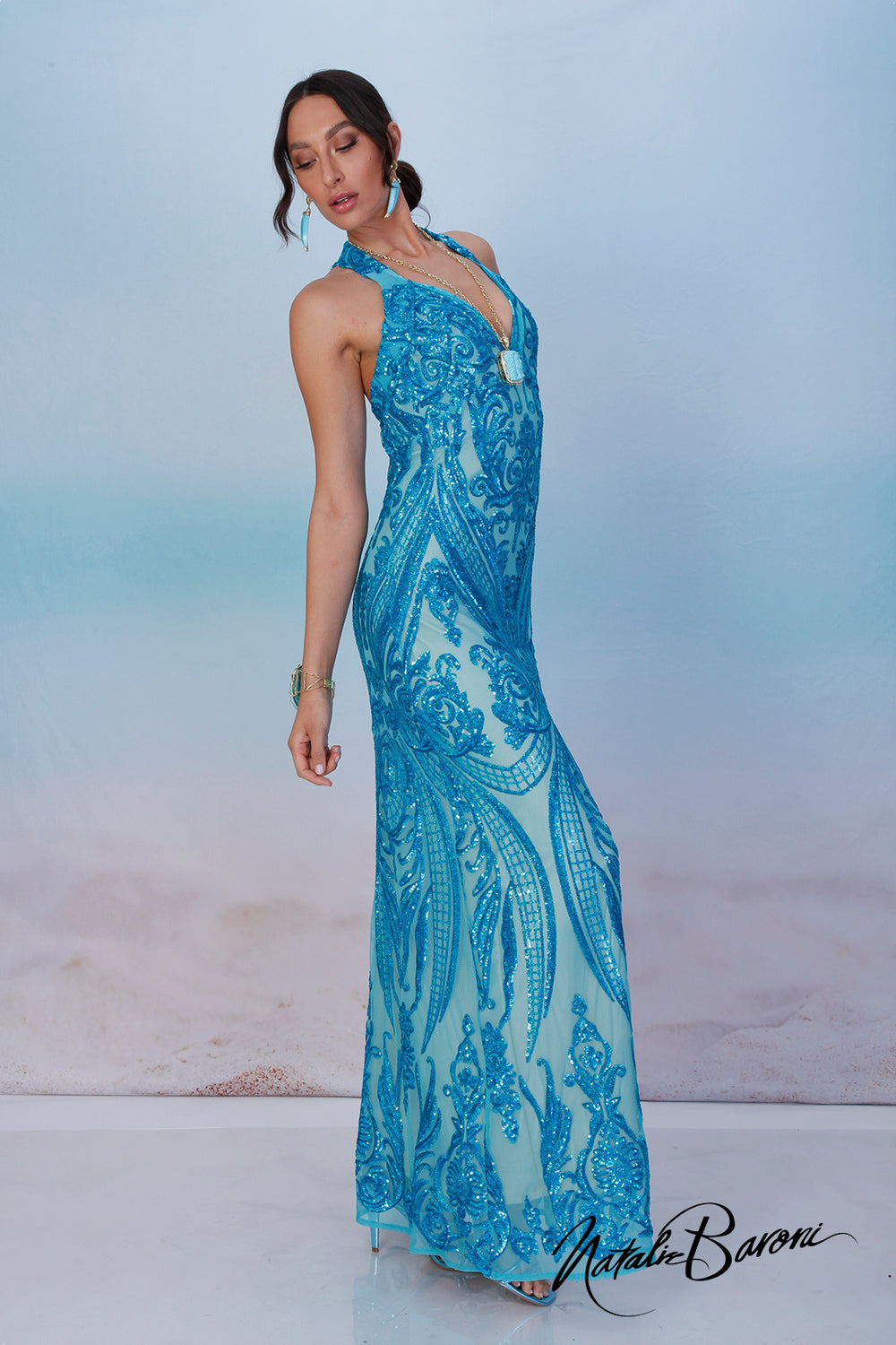 Turquoise Sequin Evening Gown - La Scala Baroni Turquoise Sequin Evening Gown - La Scala Baroni