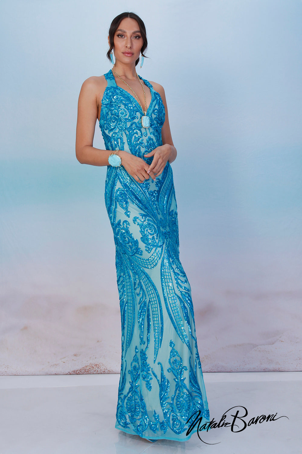 Turquoise Sequin Evening Gown - La Scala  Baroni