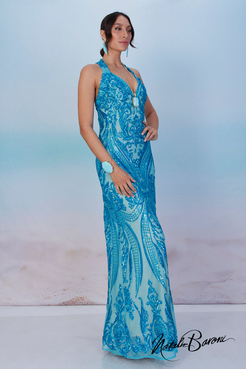 scala blue sequin dress Vintage Scala Blue Sequin Beaded Pearl Silk Dress