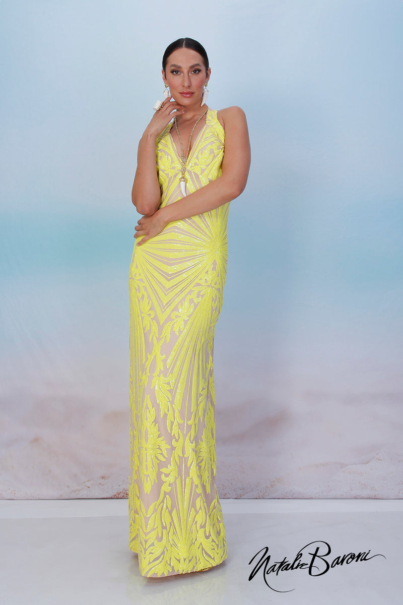 Yellow Sequin Evening Gown - La Scala